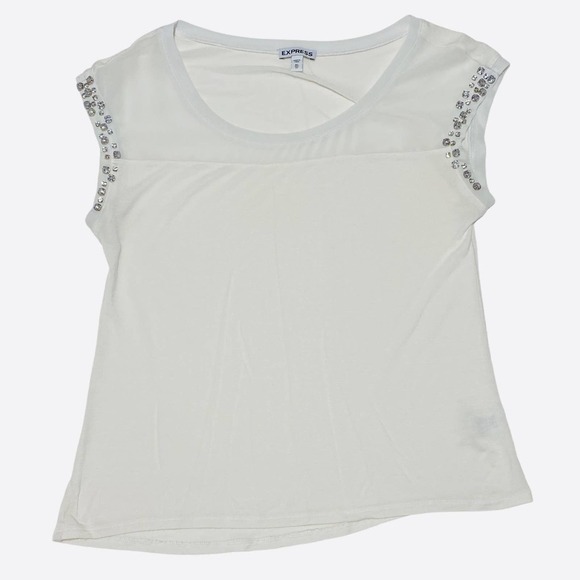 EXPRESS White Embellished Short Sleeve Blouse XS - Picture 8 of 10